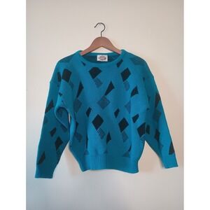 VTG 80s Helium Womens M Geometric Crewneck Sweater Color Block Art USA Turquoise